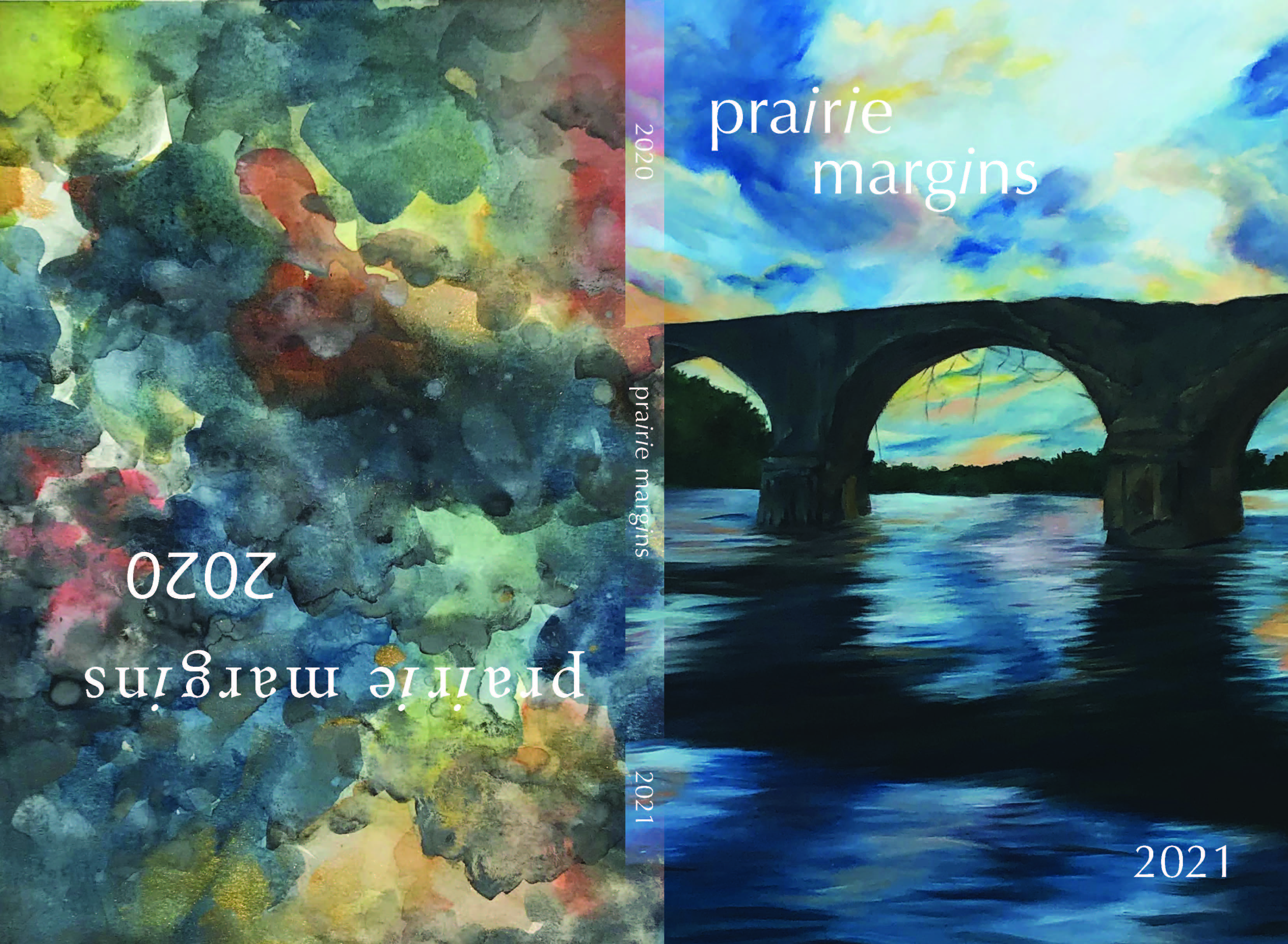 Two-part cover, one side a bridge, opposite side colored cloud shapes
